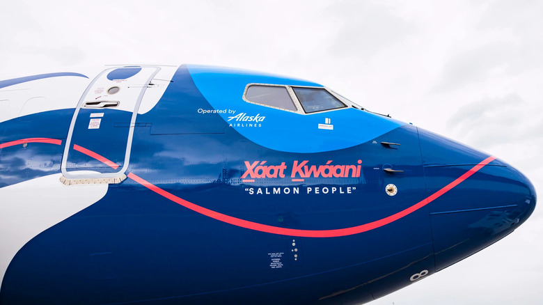 Alaska Airlines Boeing nose reading "Salmon People" 