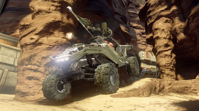 Halo Warthog in a rocky canyon.