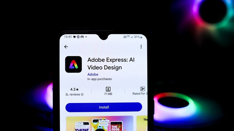 Phone showing Adobe Express app in play store