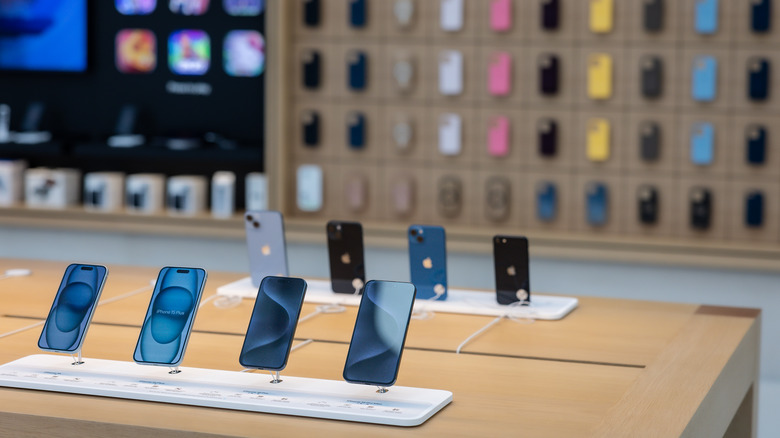 iphones on store display table