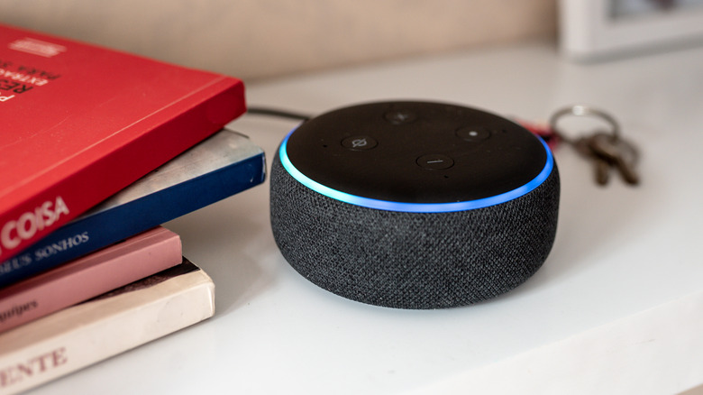 Echo Dot next to books on shelf