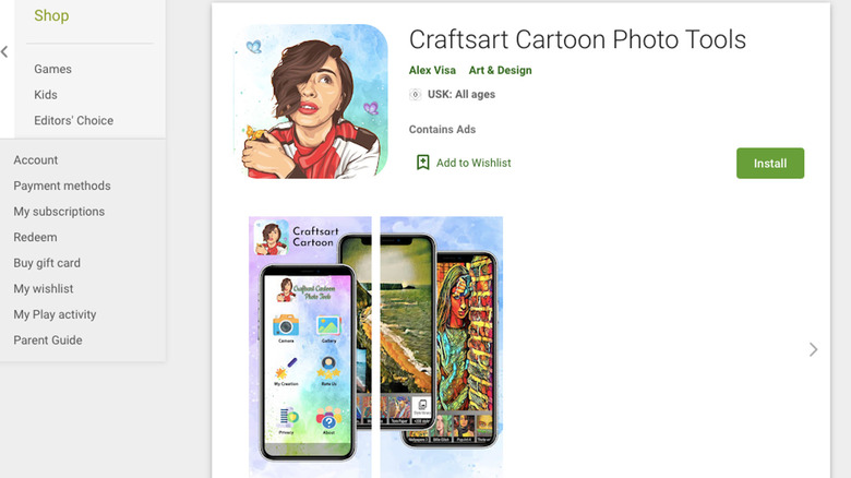 Google Play page for Craftsart Cartoon Photo Tools