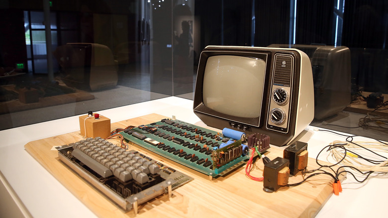 An Apple-1 on display in Menlo Park prior to auction