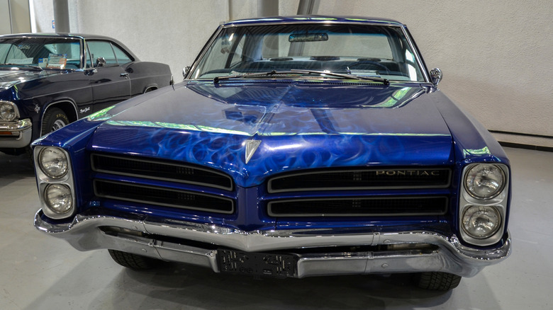 Front end of a blue Pontiac Catalina with a custom paint job