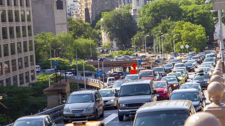 Overhead shot of big traffic jam in city