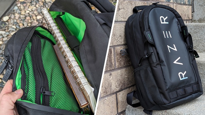 Razer backpack open with books and sitting on step