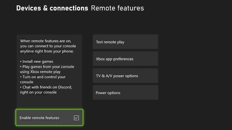 Remote features settings on Xbox