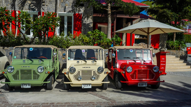 Mokes parked at resort