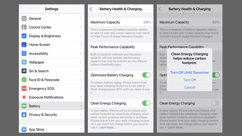 iPhone Settings menu Clean Energy Charging