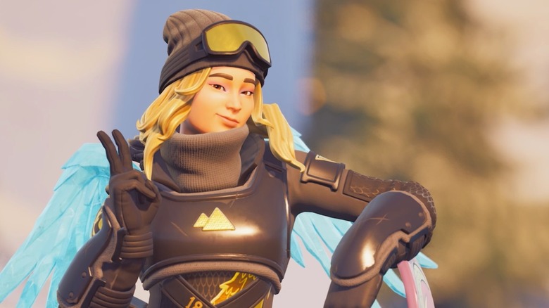 Chloe Kim, in her black and gold snowsuit, throwing up a peace sign in "Fortnite."