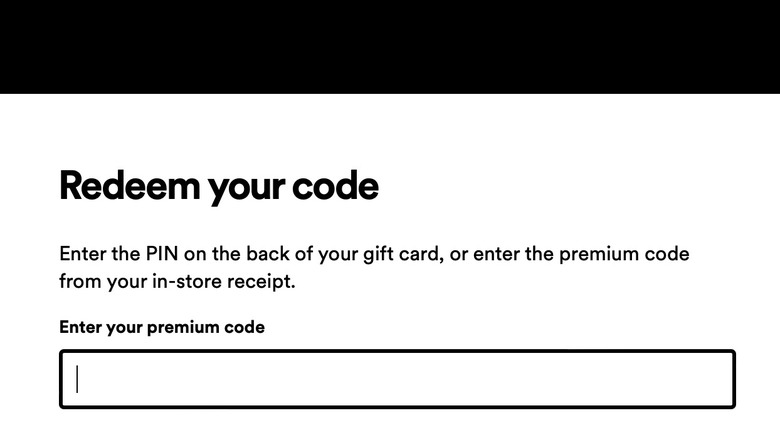 screenshot of Spotify gift card redemption webpage