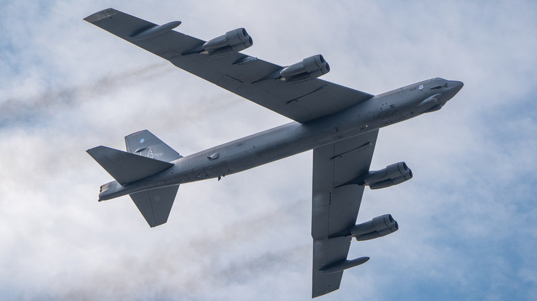 Bottom view of a B-52 Stratofortress in flight