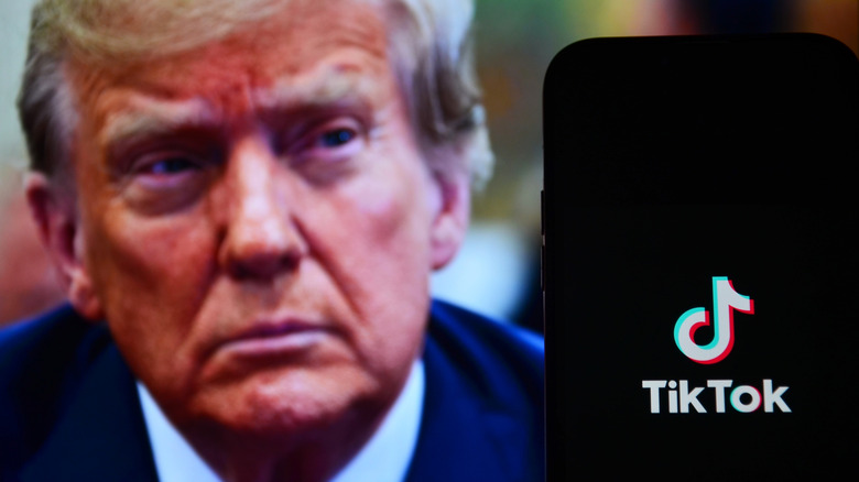 An illustration depicting Donald Trump and TikTok on a phone.