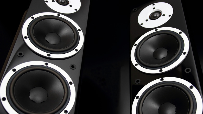 low-angle close-up of tower speakers