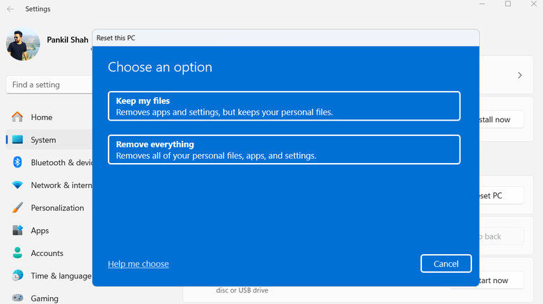 reset PC option in Windows 11