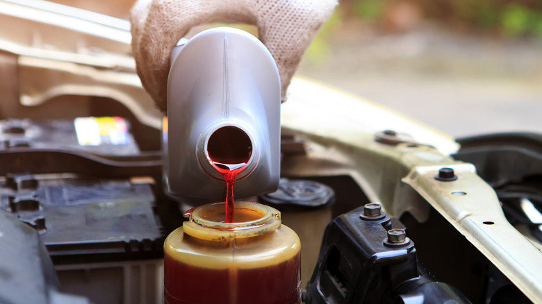 A person holding a bottle of power steering fluid and pouring it into an engine