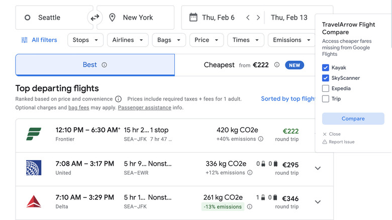 Google Flights search page with Travel Arrow Flight Compare