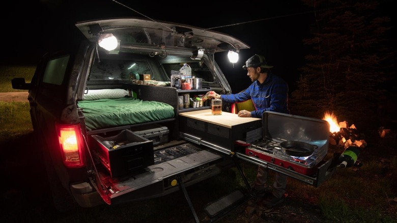 Truck bed camping set up