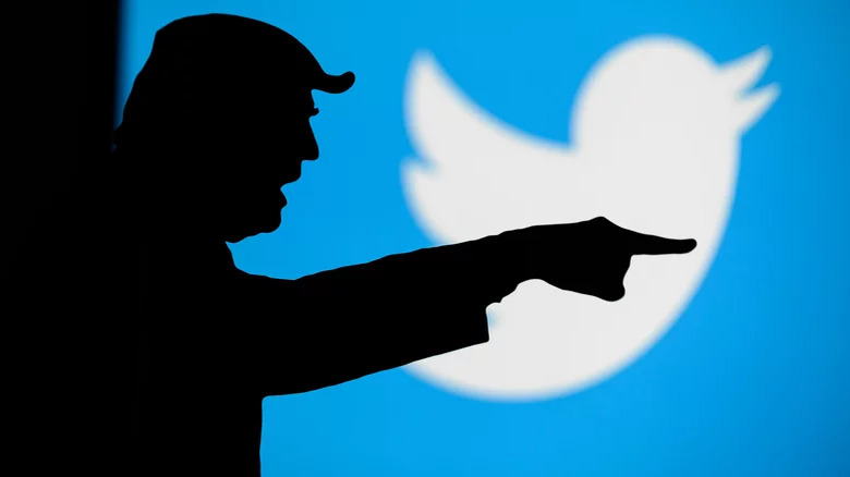 Silhoutte of Donald Trump against the backdrop of Twitter logo.