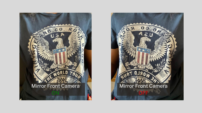 results of photos produced with Mirror Front Camera on and off