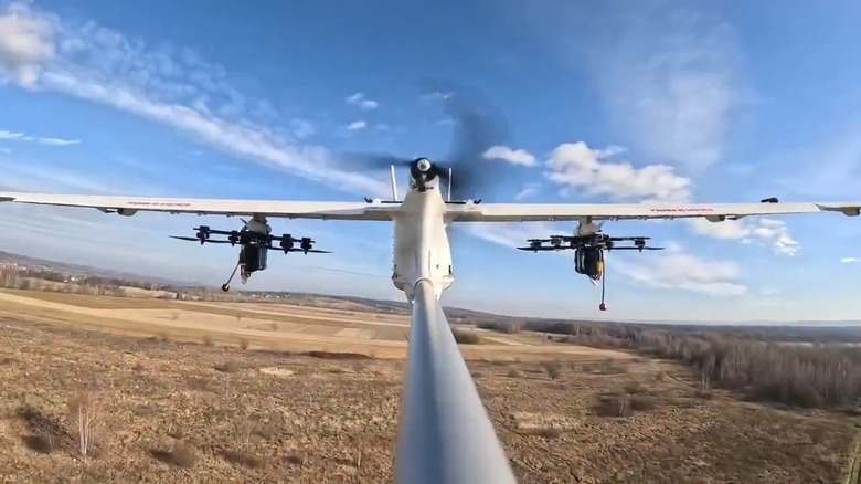 A Dovbush T10 drone mothership carrying two FPV kamikaze drones under its wings