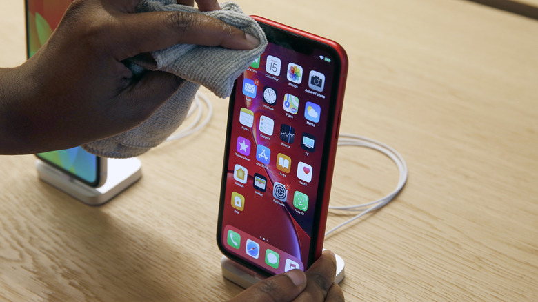 person cleaning an iphone