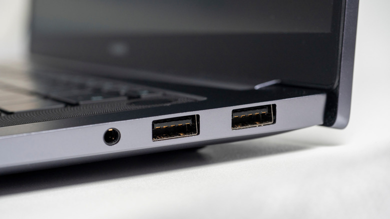 Close up of a laptop USB ports