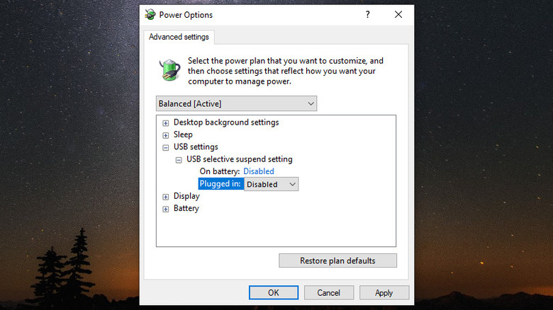 USB Selective Suspend in Power Options window