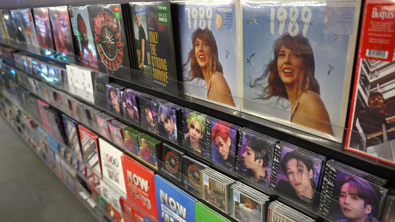 CDs and vinyl in music store display