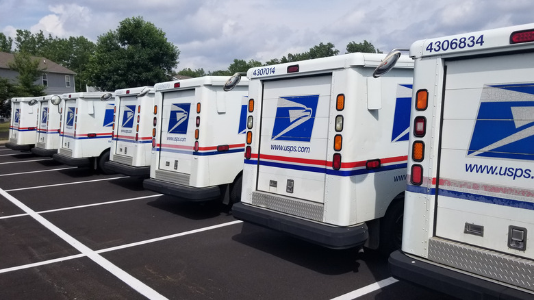 A line of current USPS delivery vehicles
