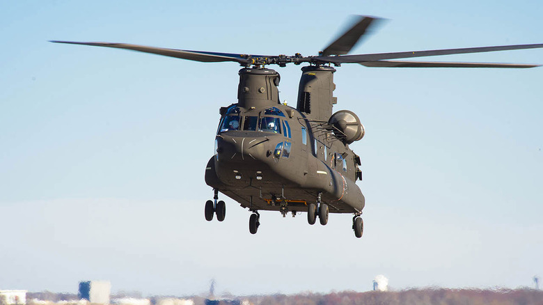 CH47 Chinook flying in blue skies