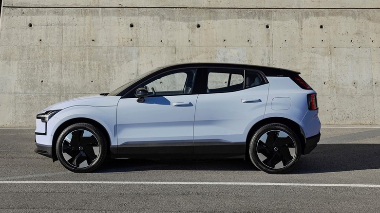 The side view of the Volvo EX30 electric subcompact SUV.