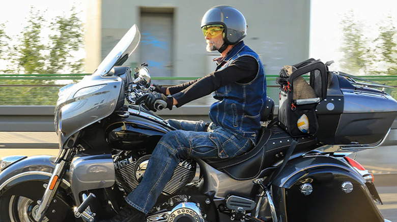 man riding motorcycle with dog in their carrier