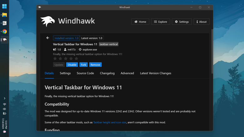 Windows 11 taskbar on left using Windhawk app