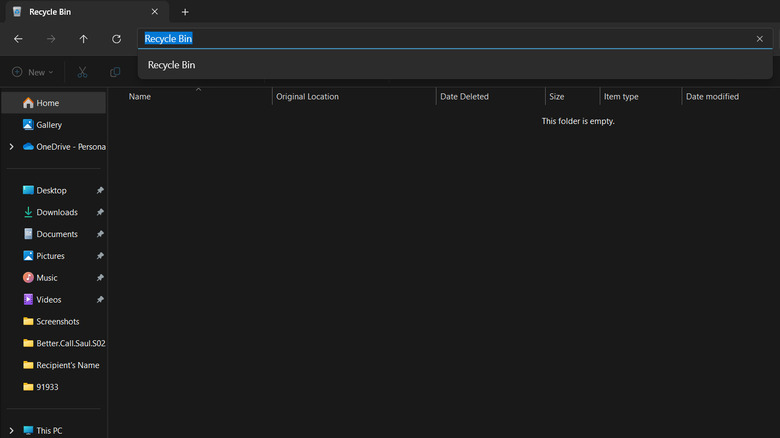 Screenshot of searching Recycle Bin in Windows Explorer