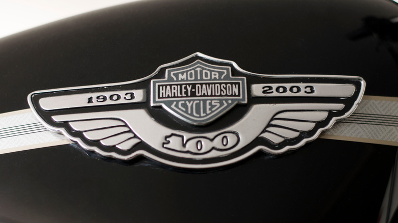 Close up of the Harley-Davidson 100 year anniversary tank badge