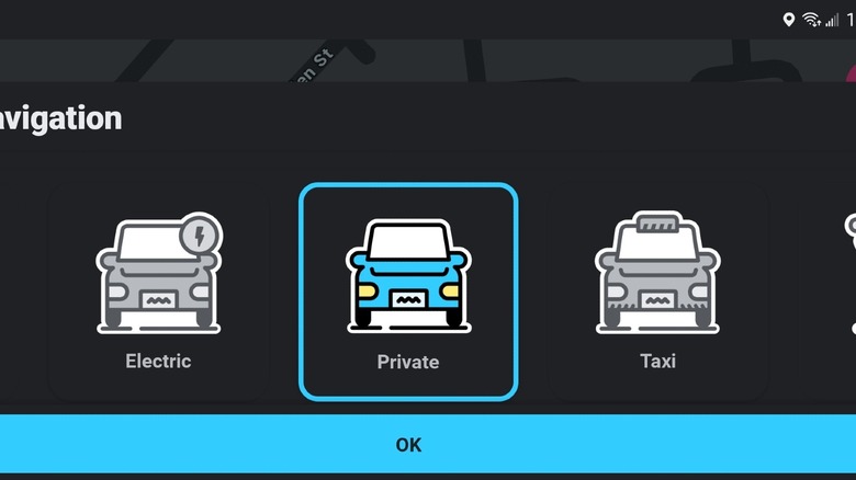 Waze vehicle type selection screenshot