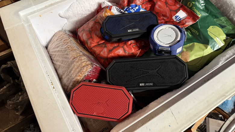 Four speakers in a freezer