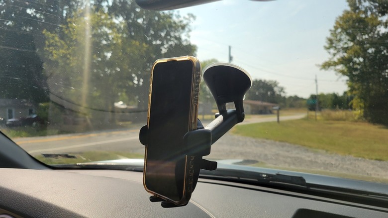 Phone mount suction cupped to the windshield