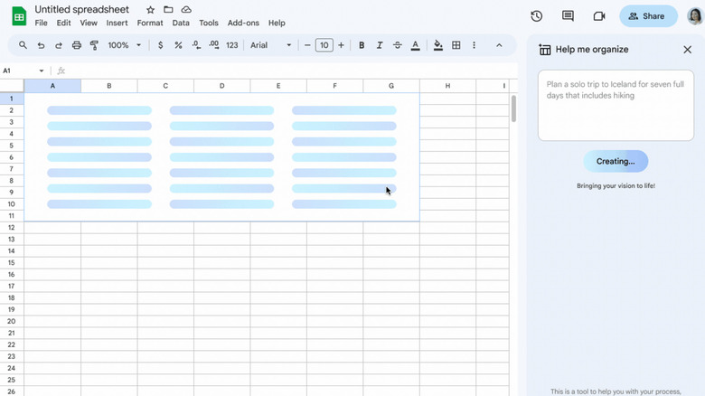 Google sheets "help me organize" tool