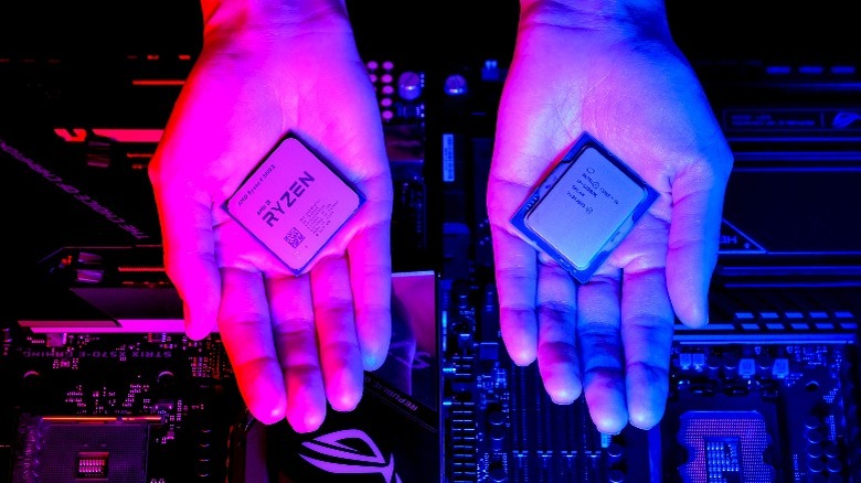 Person holding an AMD and Intel CPU in different hands