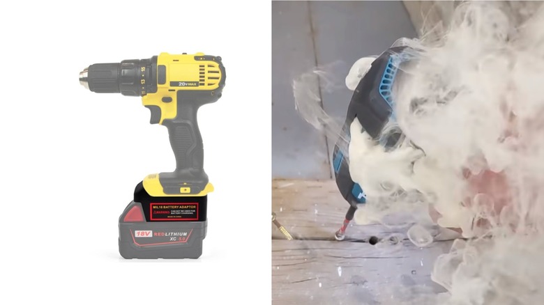 Split Image, Milwaukee To DeWalt Battery Adapter With DeWalt Drill, Overheating Cordless Power Tool