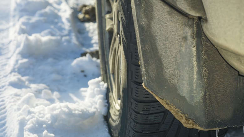 Dirty mudflap in snow