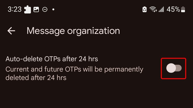 Screenshot of Google Messages Auto Delete OTP Option