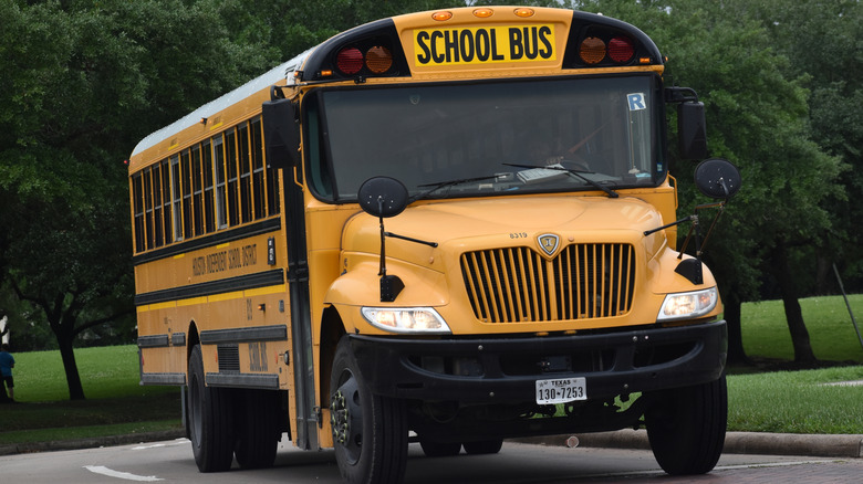 Parked school bus with trees in the background