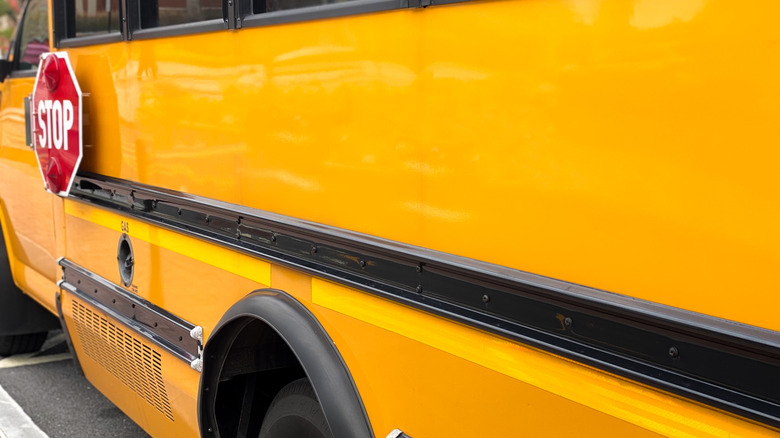 Close up of a rub rail on a school bus