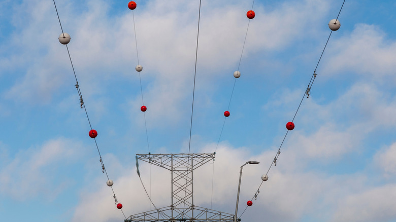 Power lines overhead with colorful balls attached every few feet.