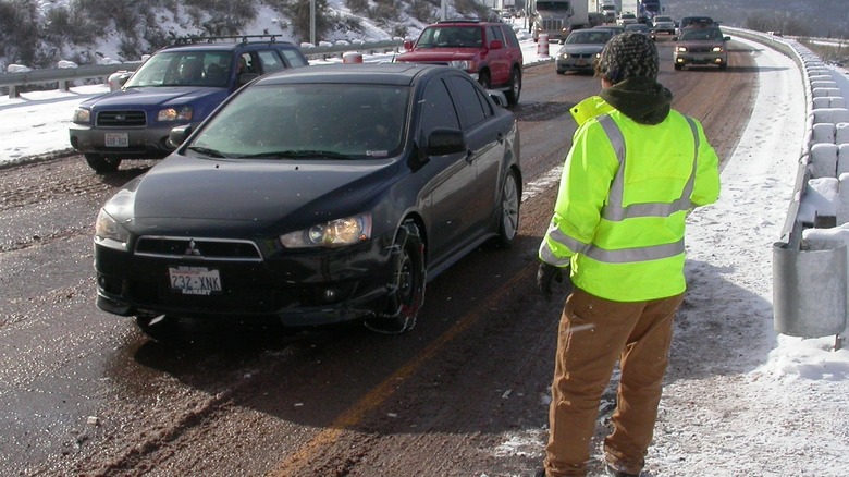 Tire chains on winter roads with snow