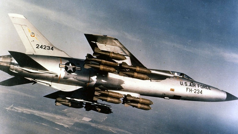 An armed Republic F-105D-30-RE flying.