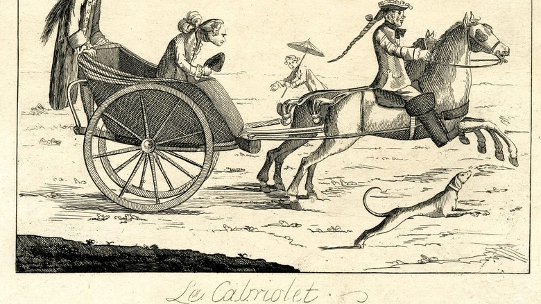 Etching from 1771 showing a man riding in an early French cabriolet.